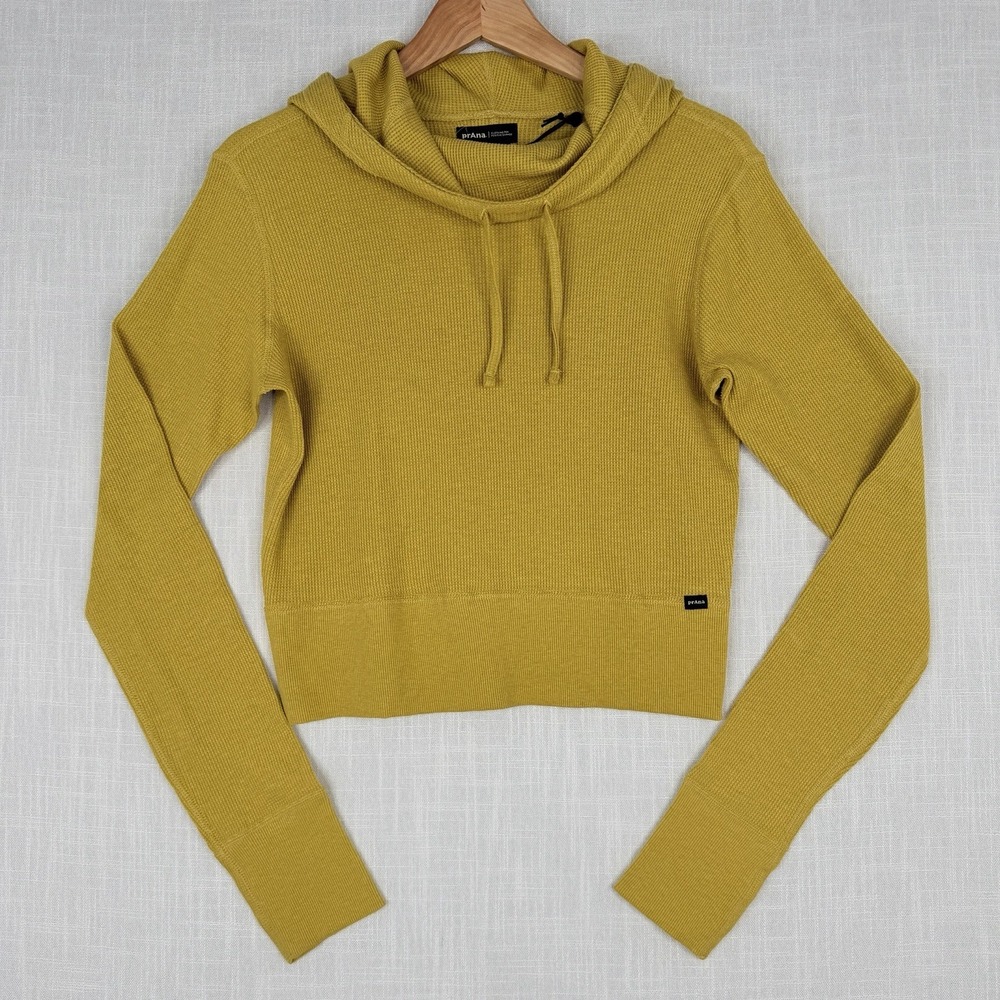 prAna Touchstone Hoodie Waffle Knit Cropped Cowl Neck Pullover Yellow Gold Small